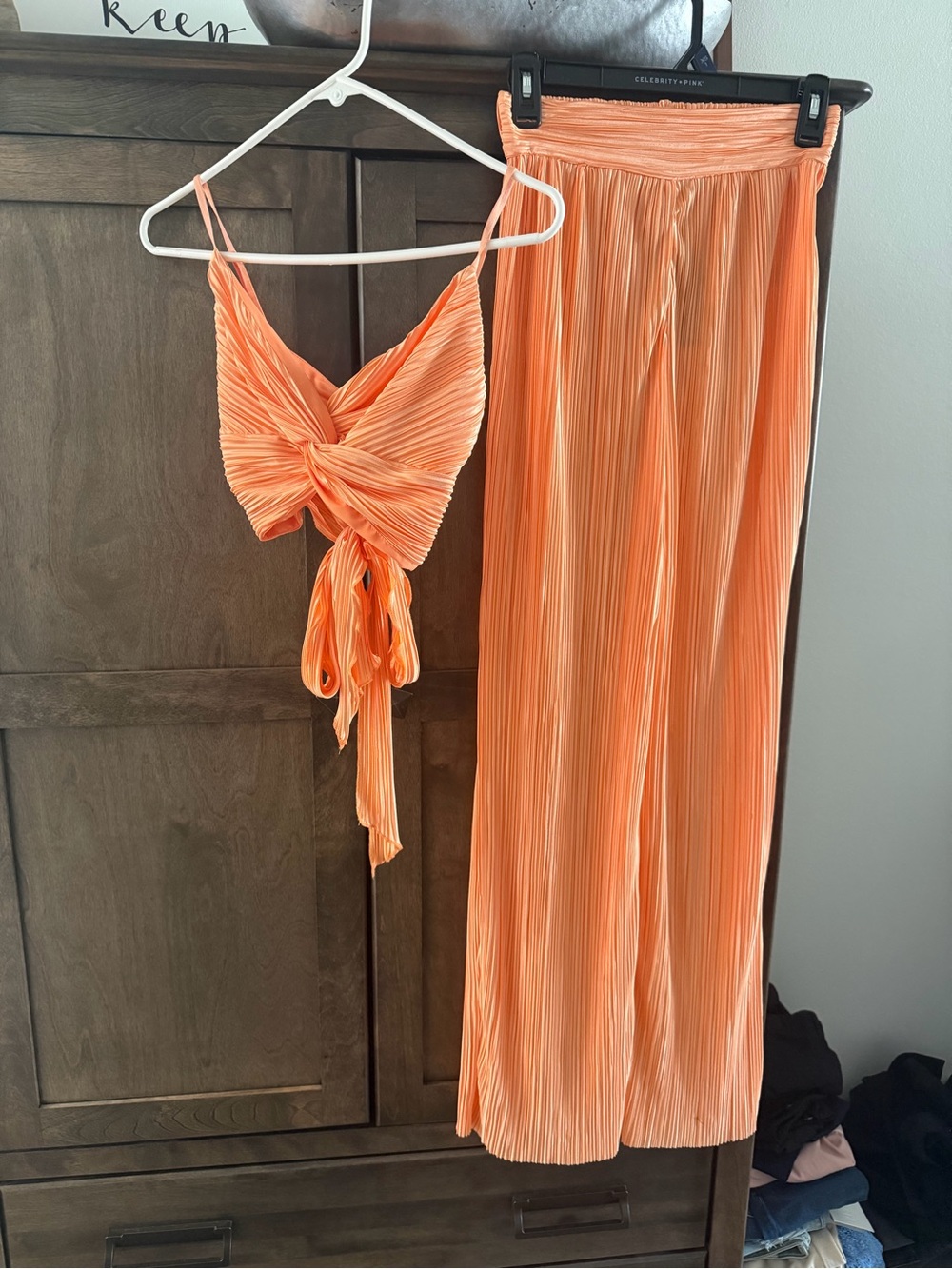 Pleated Tie-Front Crop Top & Wide-Leg Pants Set - Orange